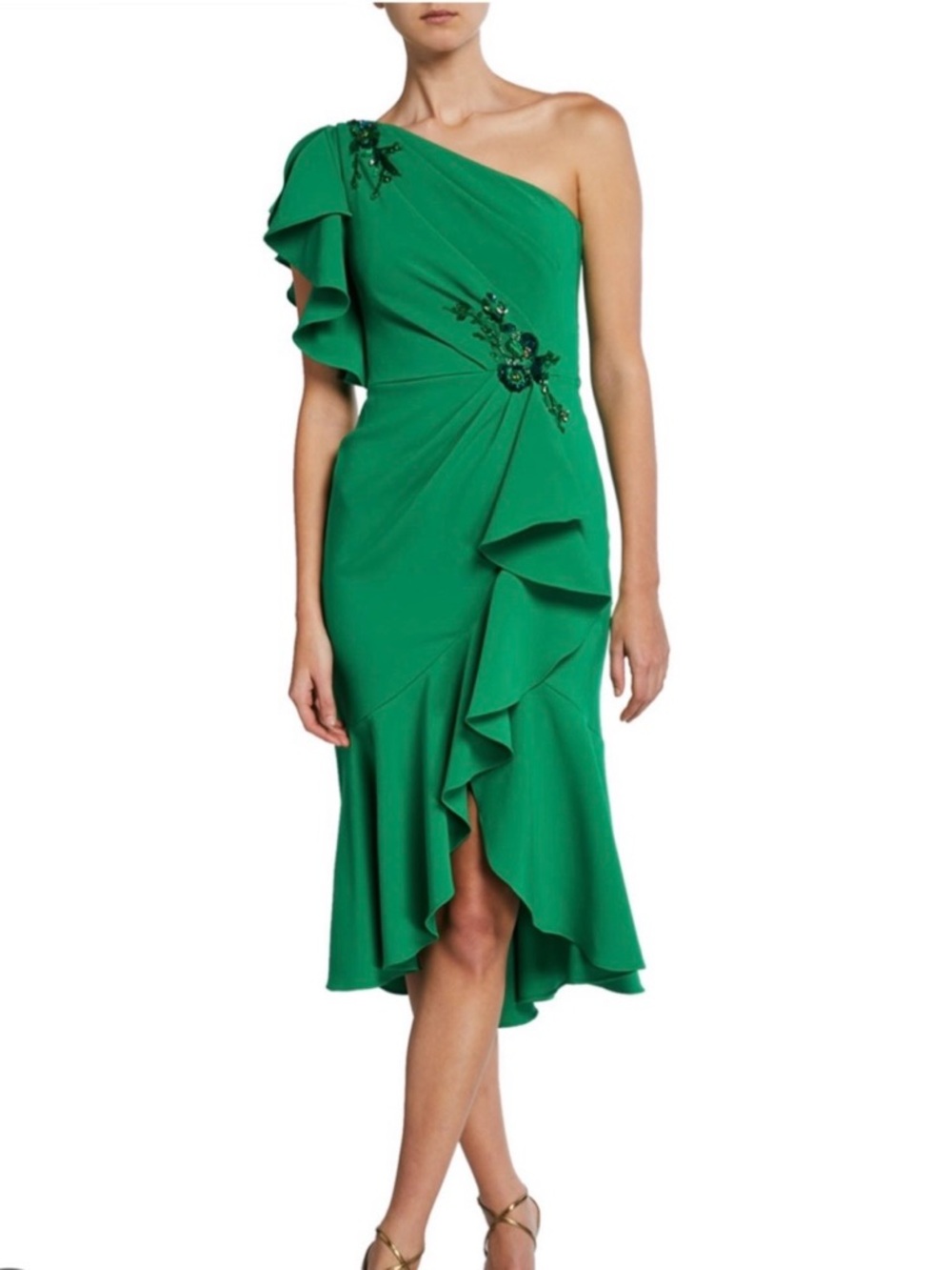 One-Shoulder Emerald Green Ruffled Cocktail Dress